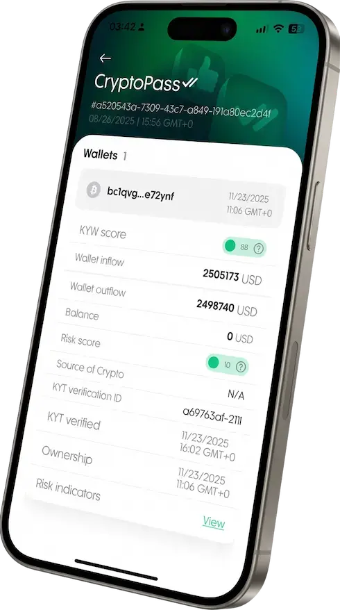 CryptoPass app showing wallet verification with KYW score 88 and risk score 0