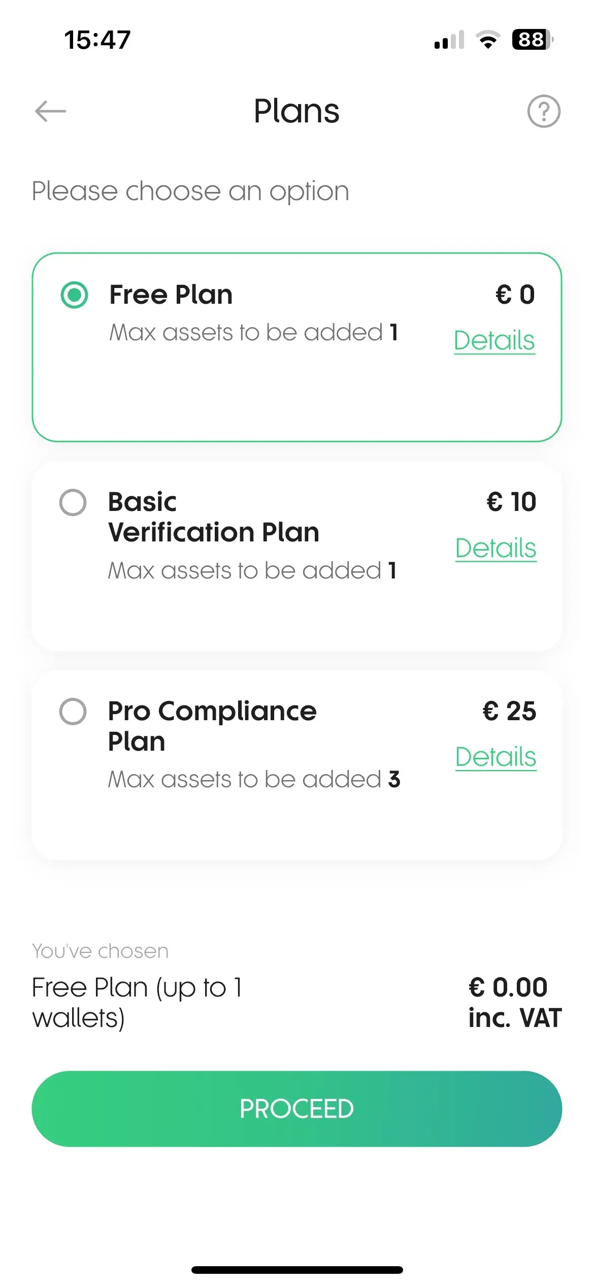CryptoPass plan selection — Free EUR 0, Basic Verification EUR 10, Pro Compliance EUR 25