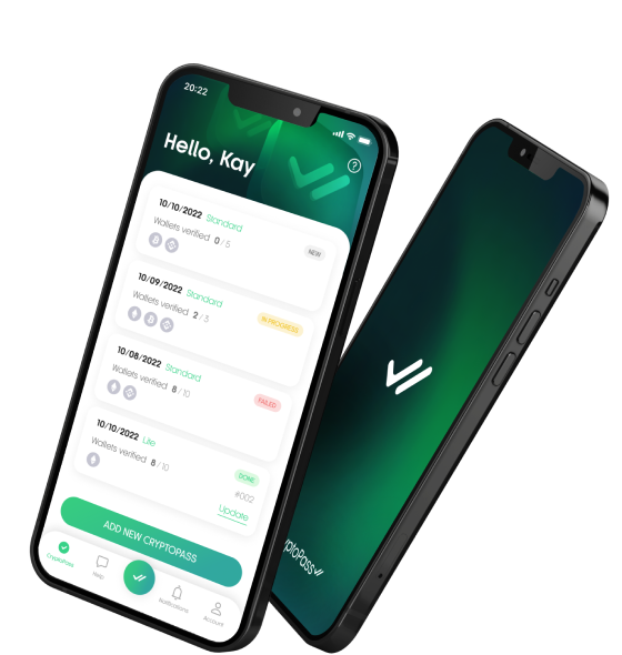 CryptoPass app — wallet list with verification statuses: new, in progress, done