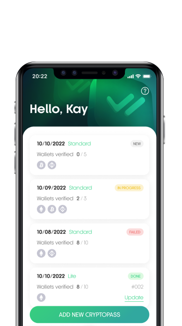 CryptoPass app — wallet verification dashboard